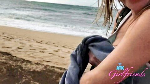 Summer Vixen wet blonde babe holding towel over bikini on sunny beach