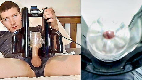 Fit guy with hard cock fucks clear spinning fleshlight masturbator toy solo on bed