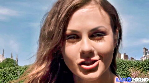 Tina Kay teases with tongue out in outdoor adult video thumbnail