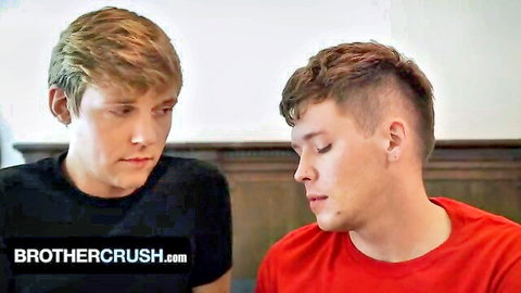 Twink stepbrothers in close intimate pose, gay seduction before anal pounding