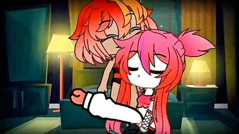 Intimate Gacha anime yuri embrace with red and pink haired girls