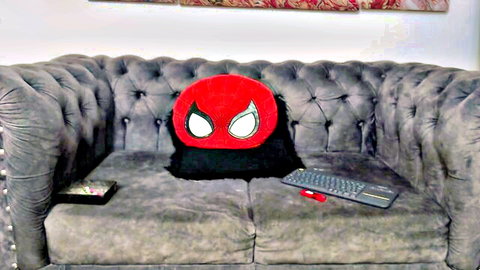 Spider-Man mask on couch in amateur gay rimming video thumbnail
