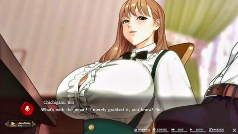 Chichigami Rio in low-cut blouse grabbing massive breasts, surprised in hentai visual novel