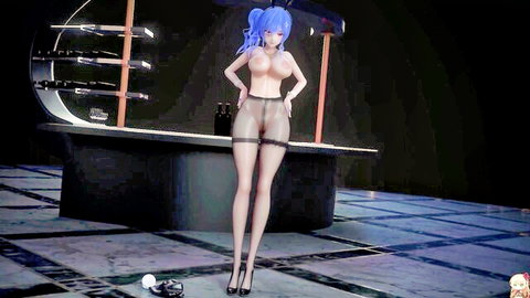 3D anime girl with massive bare tits and blue twintails poses topless in black stockings and heels