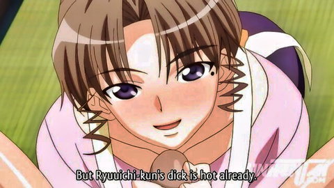 Anime hentai girl smiling while holding Ryumichi-kun's throbbing hot dick in handjob tease