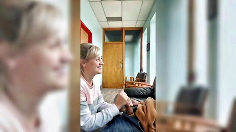 Blonde office woman kneeling for boss blowjob