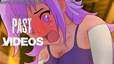 Excited purple-haired hentai girl with flushed face in gangbang tease