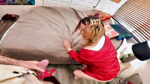 Blonde big tits MILF in red dress kneels for POV blowjob in wife swap