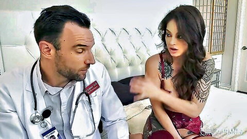 Maddy May in steamy doctor exam, big tits spilling from red dress