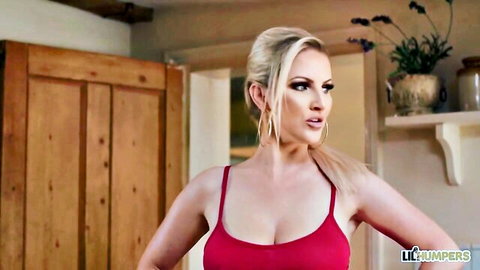 Blonde stepmom in red tank top with deep cleavage, seductive pose