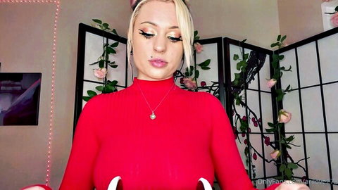 Arilove272 blonde babe in red top flashing boobs for ear eating ASMR