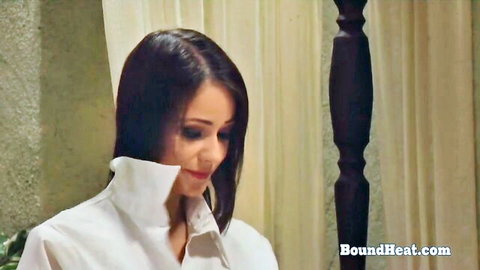 Mistress Tatjana dominant in white collared shirt, lesbian masturbation scene