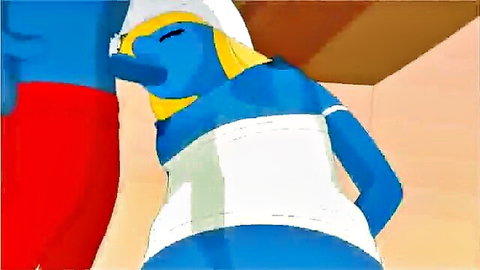 Smurfette blue cartoon babe in sexy white dress, seductive bend over pose