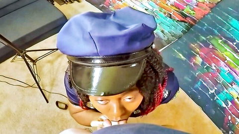 Ebony cop in uniform gives intense POV blowjob, racial roleplay tease