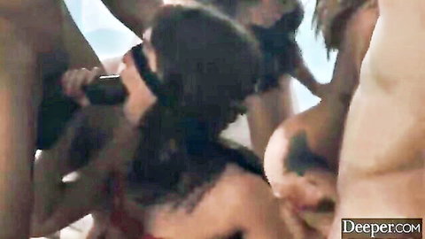 Blindfolded brunette in intense gangbang at sexy party