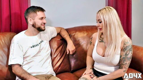 Juicy Pearl in casting couch scene, blonde with tattoos and cleavage