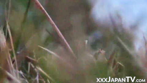 Blurry outdoor closeup of Asian model's sticky pussy hair after rough fuck