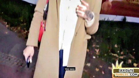 Ginger MILF in coat walking outdoors, picked up for stranger cockriding sex date