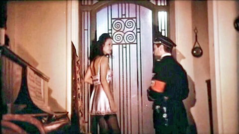 Brunette in backless silver lingerie flirts with uniformed officer