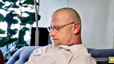 Bald older man in glasses, Daddy4K preview of dad with son's girlfriend