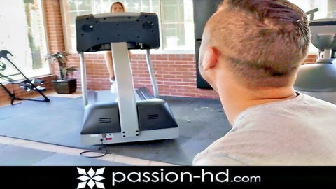 Lilly Ford teen in tight workout gear running on treadmill, guy watching intently