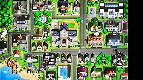 Colorful cartoon top-down map of neighborhood with houses church school pool and beach