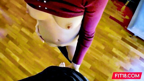 Skinny pregnant teen exposes small tits hairy pussy and belly on floor POV