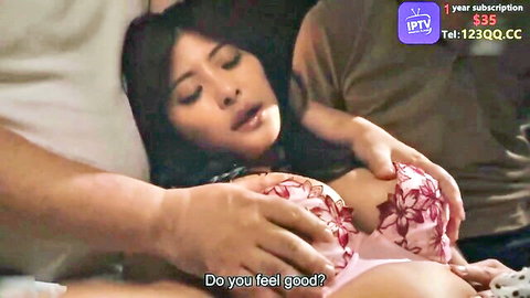 Petite East Asian girl in pink floral bra gets tits groped hard by man from behind