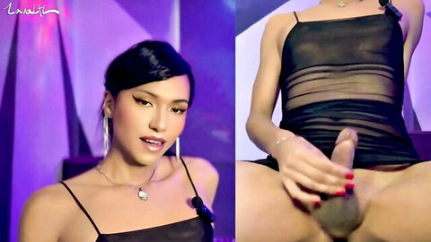 Lavaltli in sheer black lingerie strokes dildo, Asian beauty wet and teasing