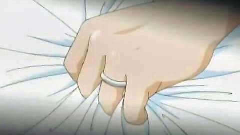 Anime hand with wedding ring gripping sheets in tied-up housewife hentai scene
