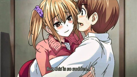 Blonde pigtail anime teen girl surprised blushing in tight embrace from guy hentai