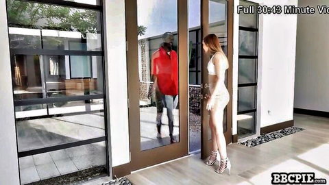 Petite Asian babe in white thong bikini teases small ass with BBC guy reflected in mirror