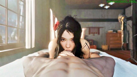 Sexy Asian babe with red flower hair leans over muscular stud to suck his huge cock in steamy POV blowjob.