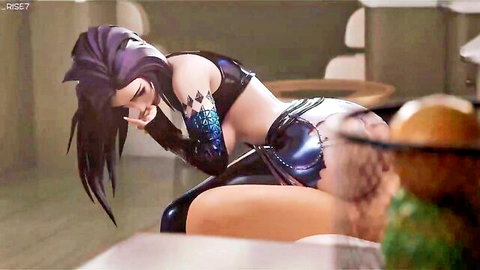 K/DA Kai'Sa in shiny purple latex bodysuit, sexy bent pose after tour