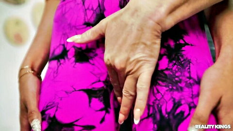 Wendy Raine fingers Jade Kimiko's pussy in pink dress tease