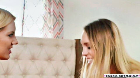 Two blonde lesbians in intimate embrace, teasing hairy pussy lick scene