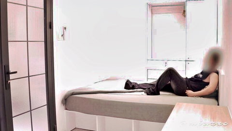 Slim Asian woman in black tank top on bed, pants down, stepbro creampie tease