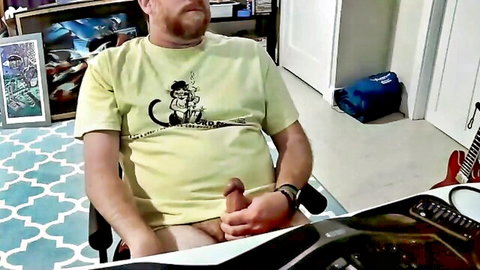 Amateur webcam guy stroking erect cock solo in chair