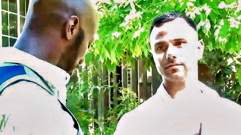 Race Cooper and Blue Bailey face off in steamy interracial gay outdoor scene