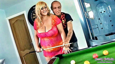 Busty blonde BBW MILF in pink lingerie bent over pool table groped by man behind her