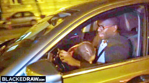 Ebony babe deepthroating BBC while black driver grips her head in car