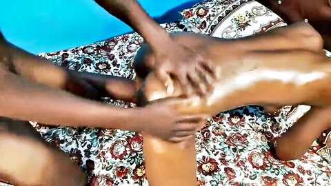 Ebony teen lubed up and drilled in intense missionary anal position
