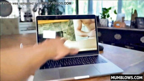 Stepmom helps focus for check-ups, muscular man on laptop screen