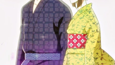 Anime nerdy office girl in yellow kimono embraces handsome businessman in dark kimono for romantic encounter