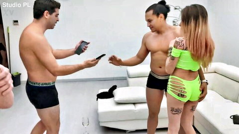 Dalila Dark BTS with two muscular men in underwear, teasing poses