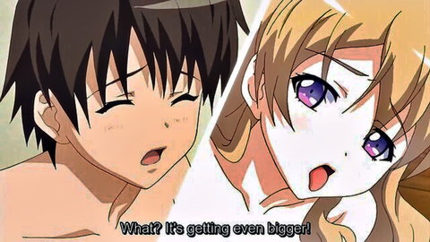 Anime hentai girl surprised by growing cock in erotic game scene, closeup faces