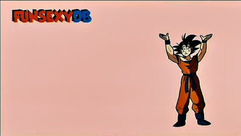 Goku hentai parody posing arms raised in orange gi on pink background