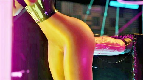 Shiny yellow latex babe bends over with pink dildo inserted in tight ass in neon cyberpunk cage
