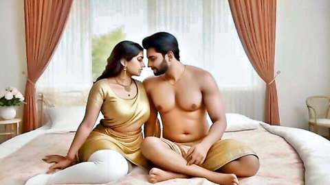Busty Indian wife in gold saree shares intimate gaze with muscular father-in-law in dhoti