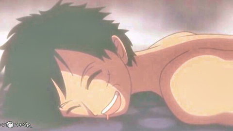 Smiling shirtless Luffy from One Piece lying down in anime erotic pose